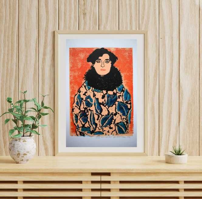 Grafika linoryt ręcznie tworzona dekoracja ścienna kobieta Klimt