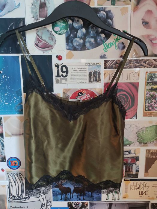 intimissimi top oliwkowy copper silk jedwabny koronka crop top S 36