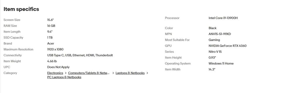 Acer Nitro V 15,6’ RTX4060 i9-13900H 16/1TB