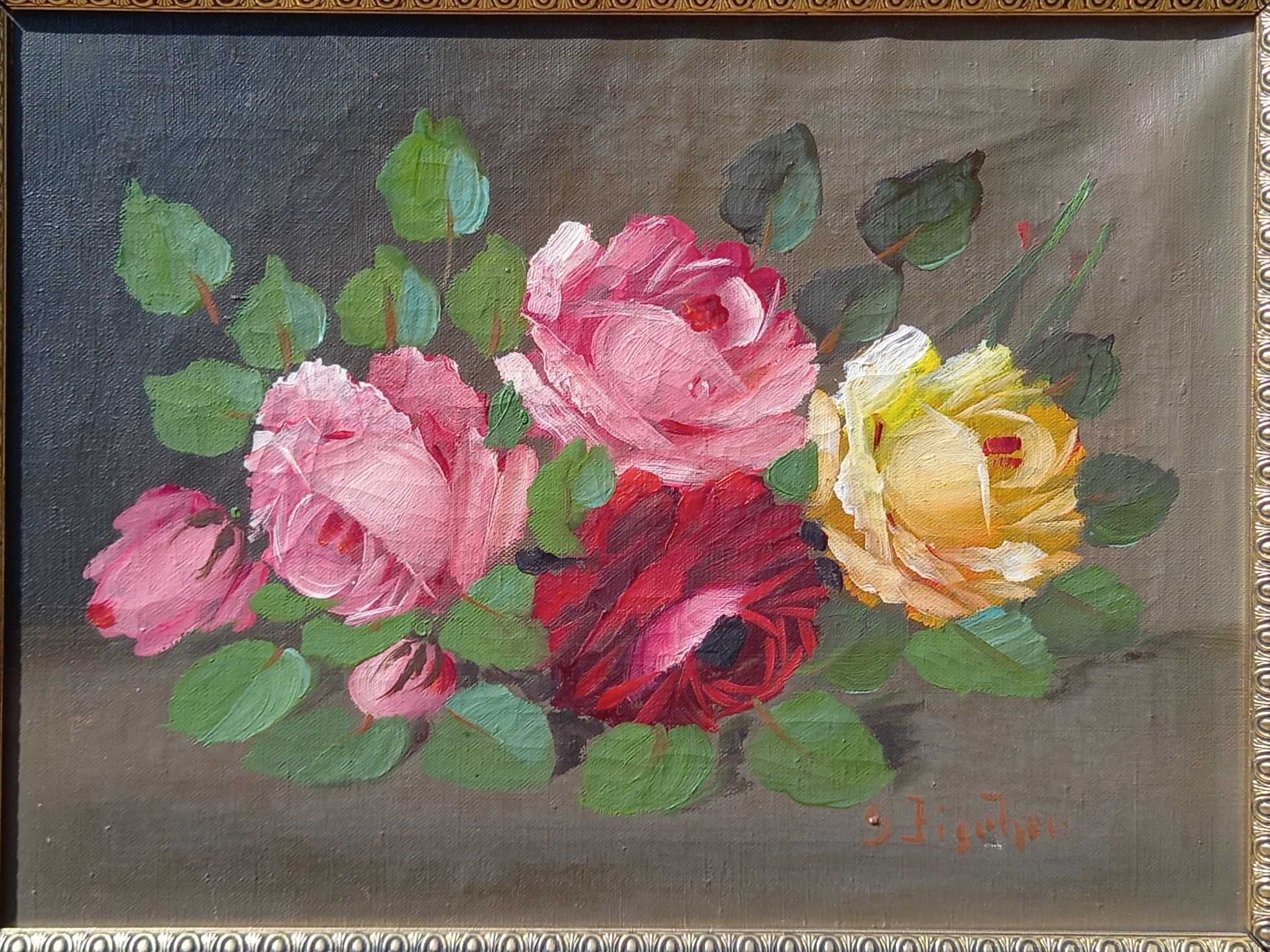 Martwa natura z różami, olej/płótno,S.Fischer, pocz. XX w.