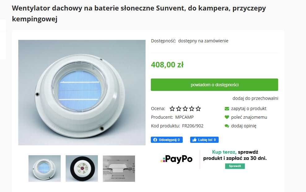 Wentylator dachowy - Sunvent ( Kamper Jacht Przyczepa )