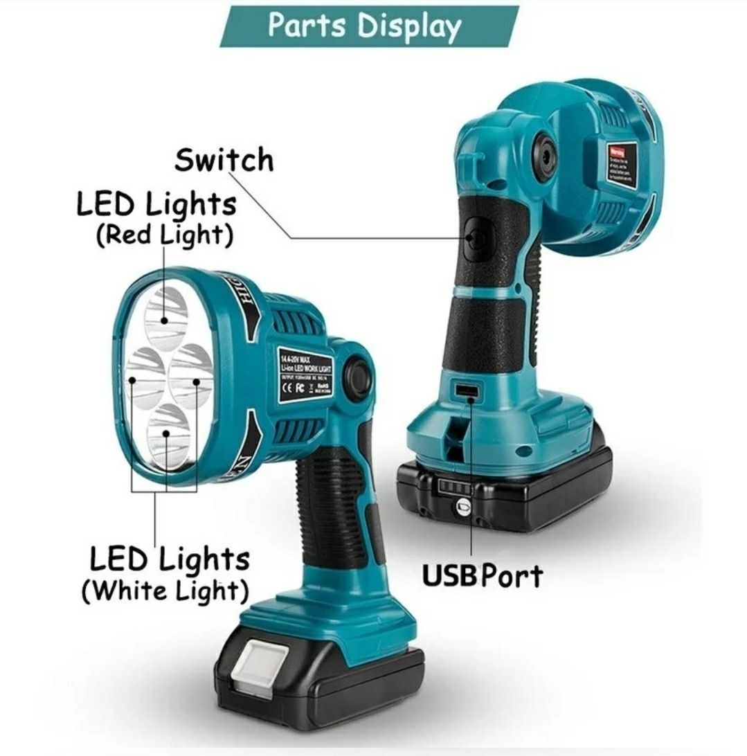 Reflektor lampa latarka robocza Led do baterii Makita Dewalt port USB