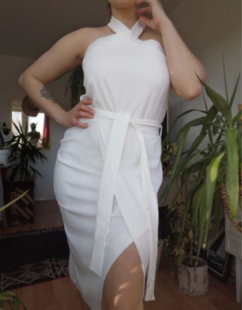 Biała sukienka midi tuba pasek 44 xxl 42 XL boohoo bodycon