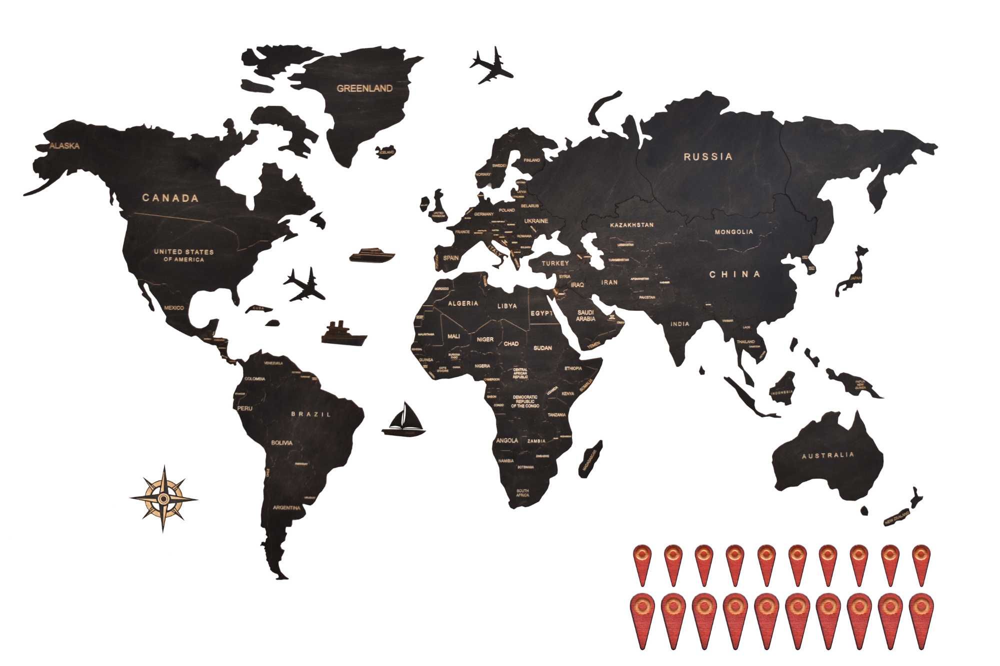Drewniana Mapa Świata PREMIUM 120x70 cm Polskie Nazwy Państw + Pinezki