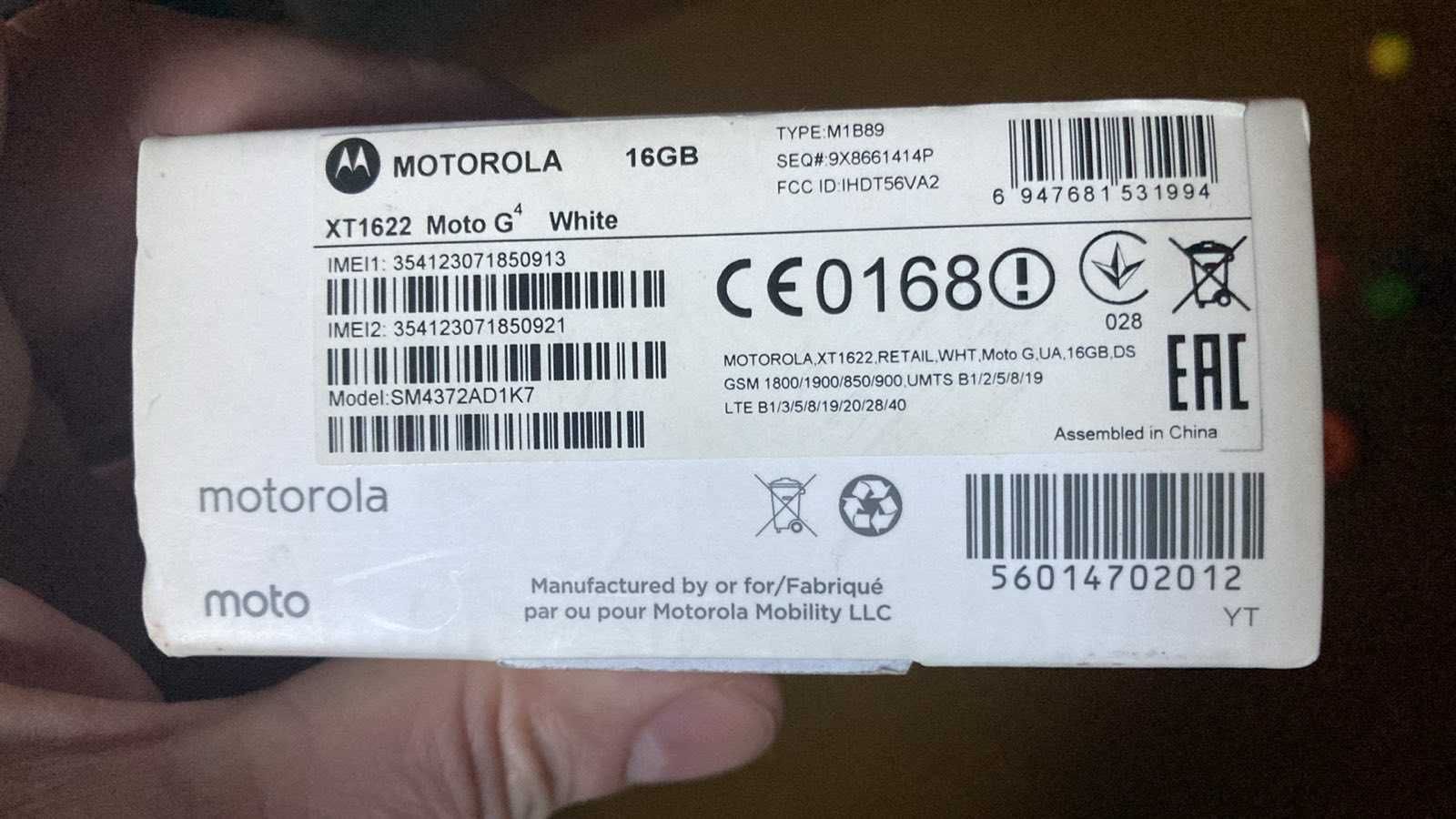 Motorola G4 (XT1622) 2/16 Gb 4G LTE чехол/коробка/шнурок, Android 6.0