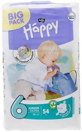 Детские подгузники "Happy" Junior Extra 6 (16+ кг, 54 шт.)