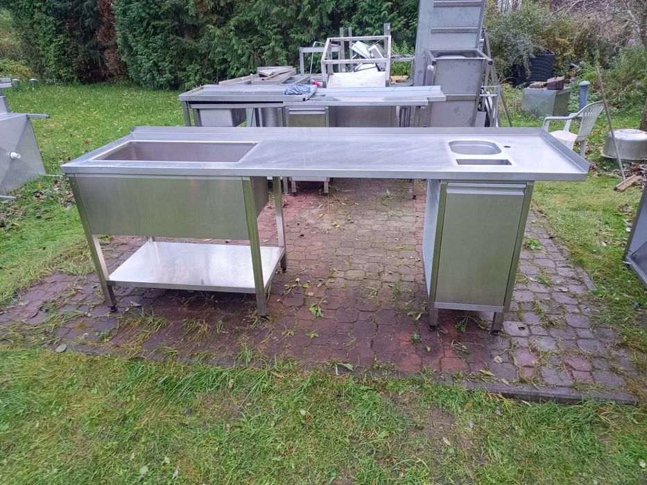 stół roboczy nierdzewny ze zlewami i koszem na odpadki 250cm