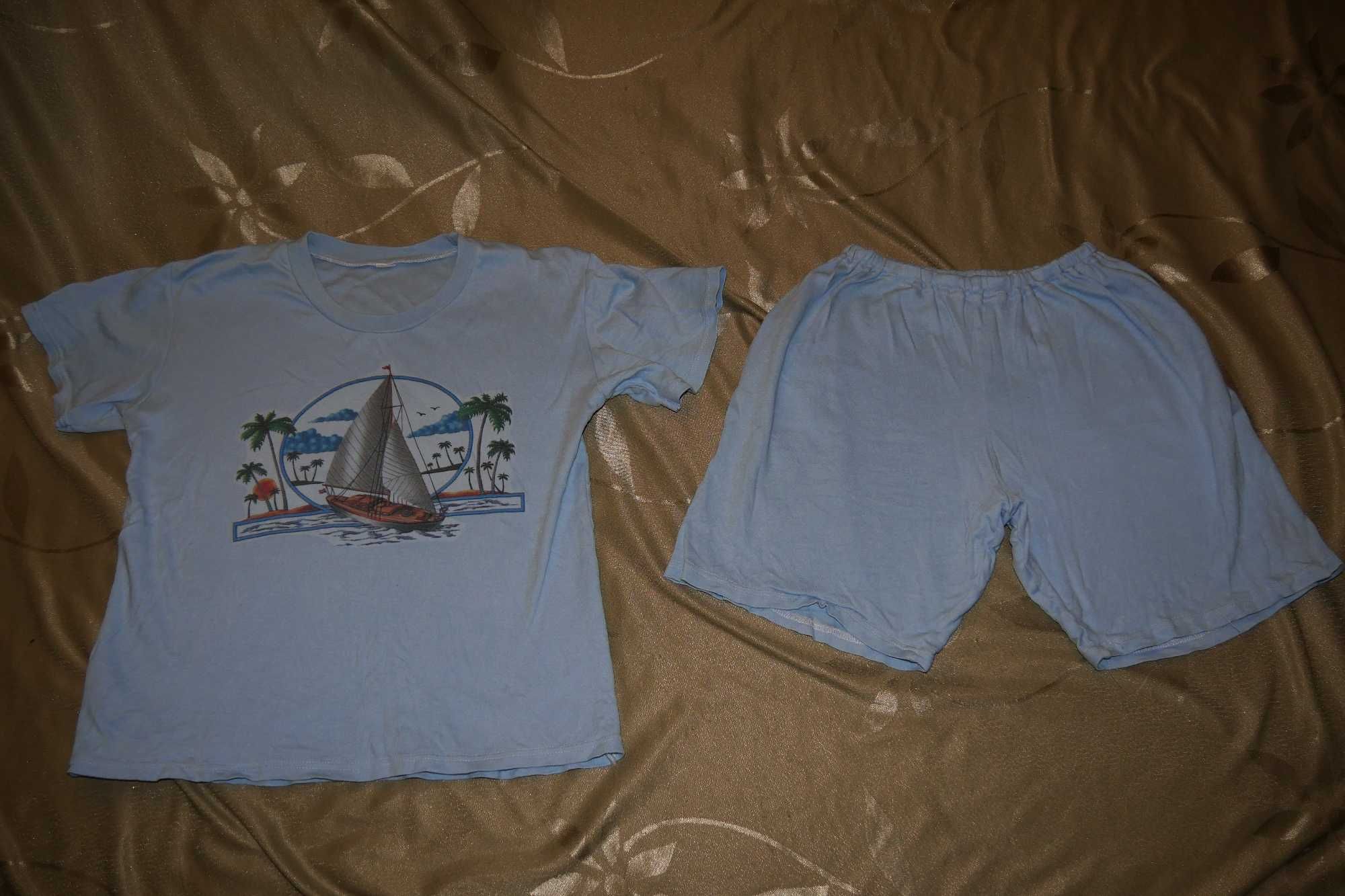 Piżama piżamka niebieska turkus jacht morze kr ręk spodenki 146 / 152