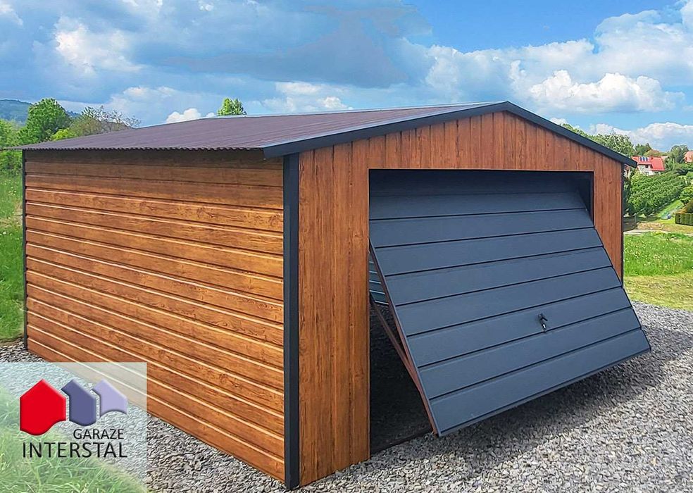 Garaż Blaszany 4x5 Drewnopodobny Garaże Orzech poziomy układ + Obróbki