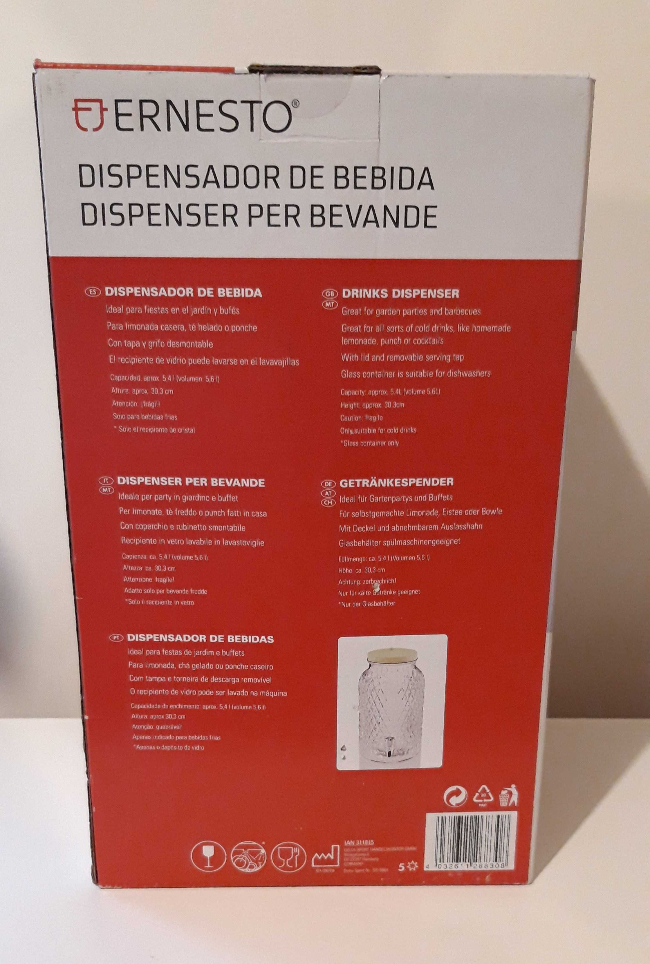 Dispensador de bebidas em vidro 5,4 Litros - NOVO e Selado.