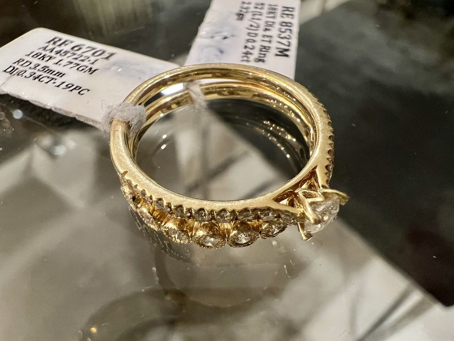 Conjunto nupcial anel diamantes aliança + solitário ouro amarelo 18k