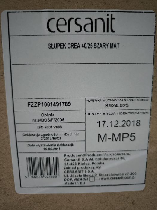 Słupek Cersanit 40/25/140 szary mat (NOWY)