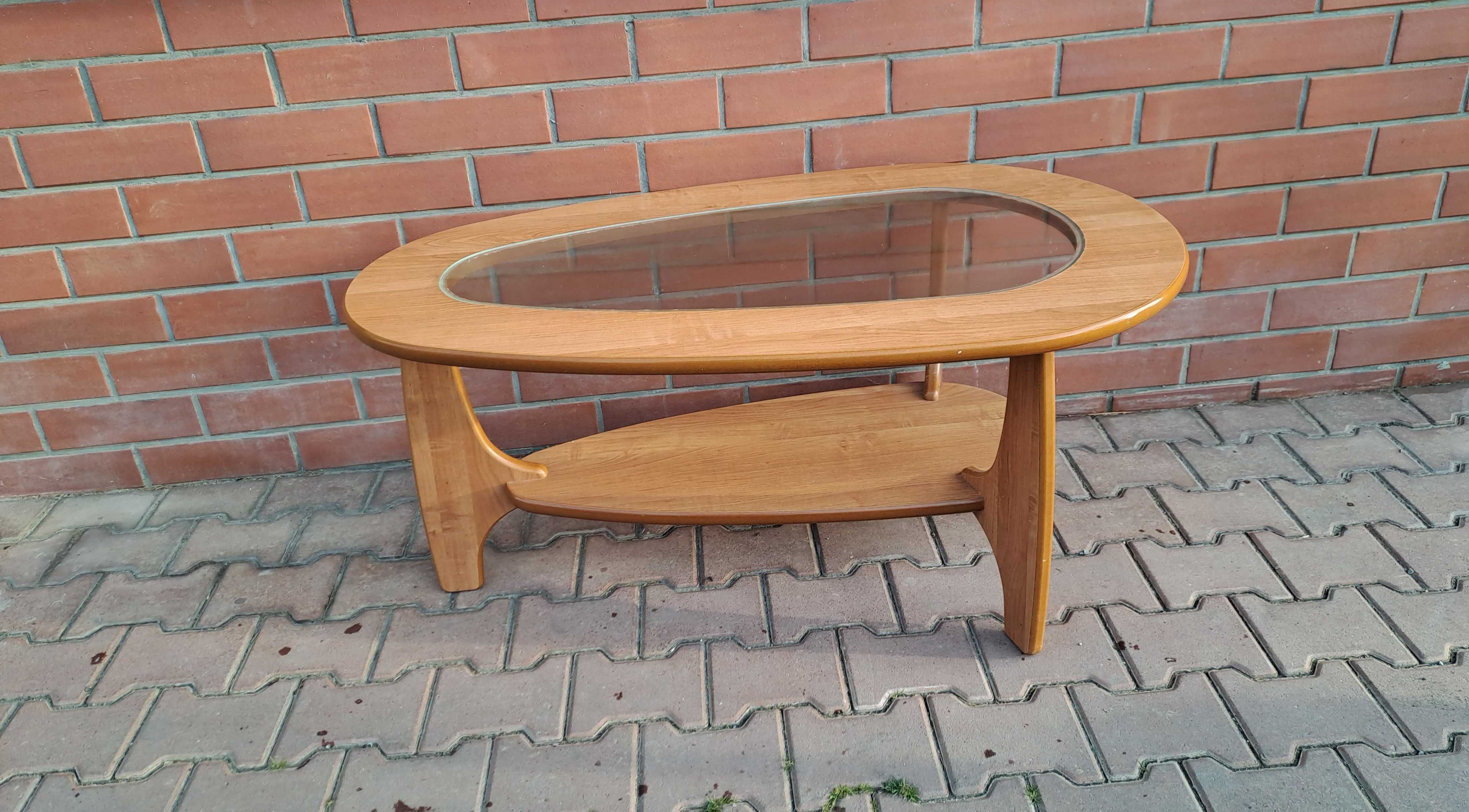 Stolik kawowy trójkątny obły z szybą 120x68xwys.56cm olcha stan bdb
