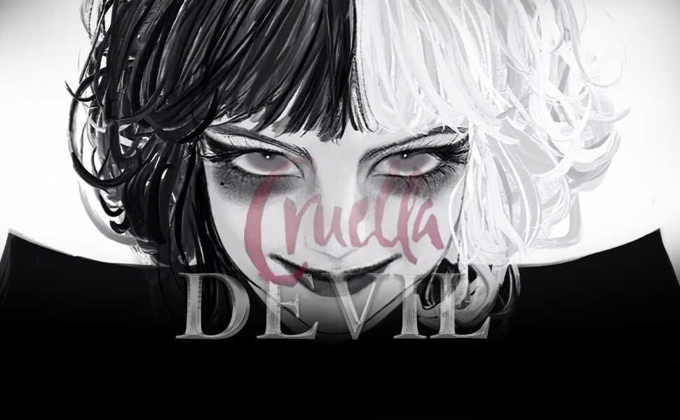 Peruka Biało Czarna CRUELLA DE VIL Cosplay włosy półdługie + AKCESORIA
