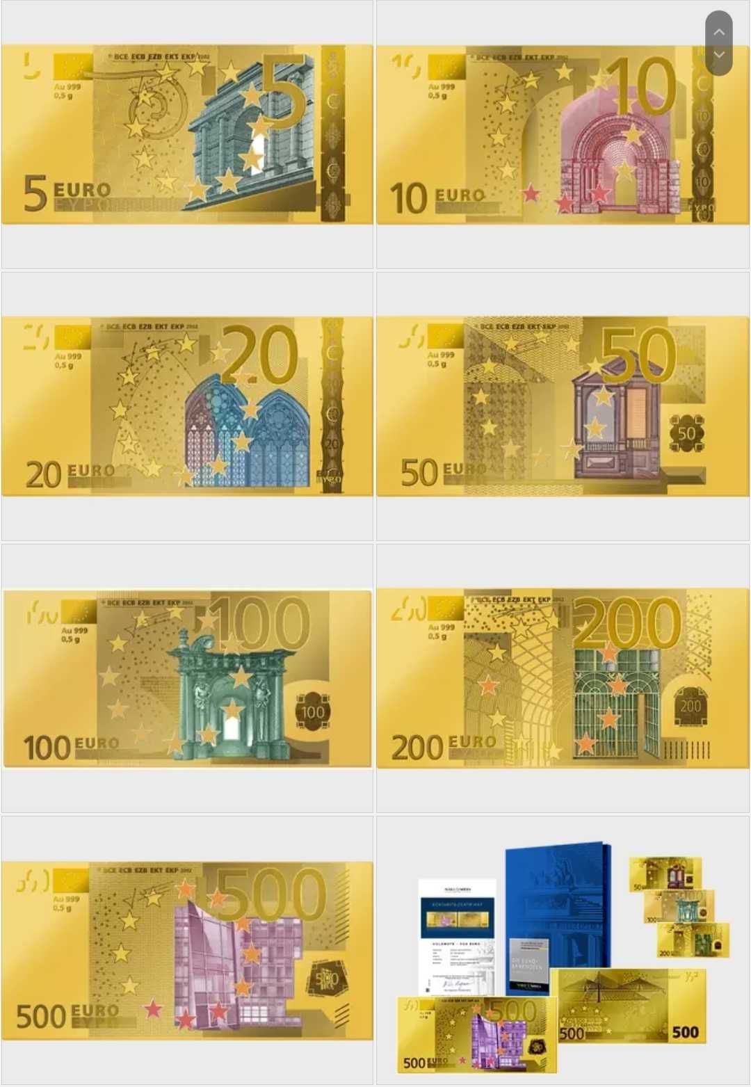 Kolekcja banknotów euro - złoto 999