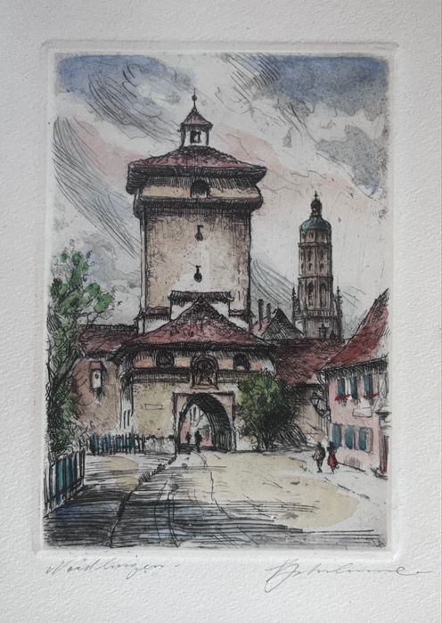 Śliczna grafika, kolorowa akwaforta - podpisany wycisk