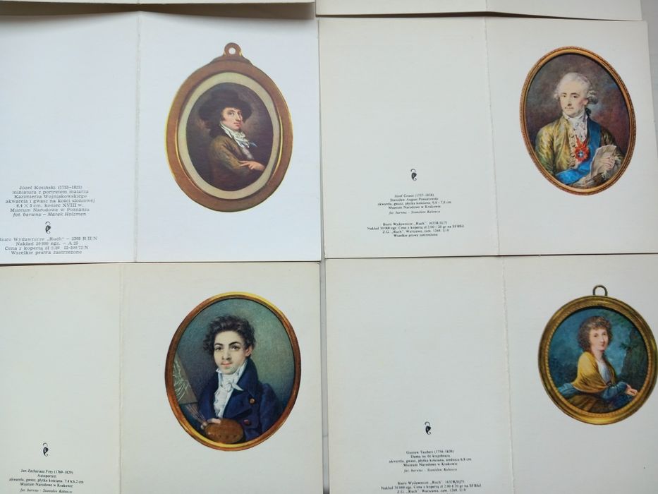 Karnety kolekcjonerskie z miniaturami portretów.