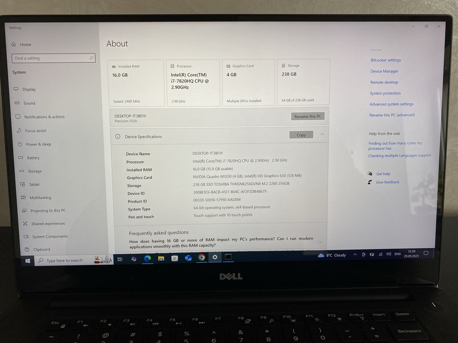 Ноутбук Dell Precision 5520 4k touch I7 - 7820HQ 2.9GHz