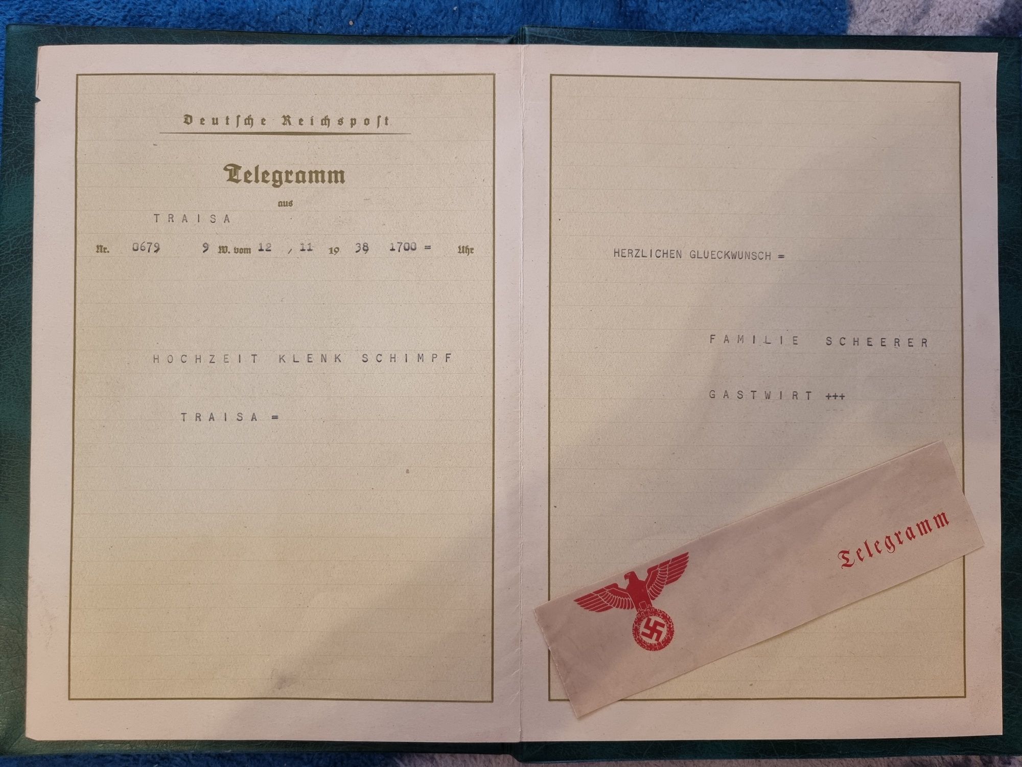 Telegram Adolf Hitler 3 Rzesza 1938 oryg. Propaganda,unikat