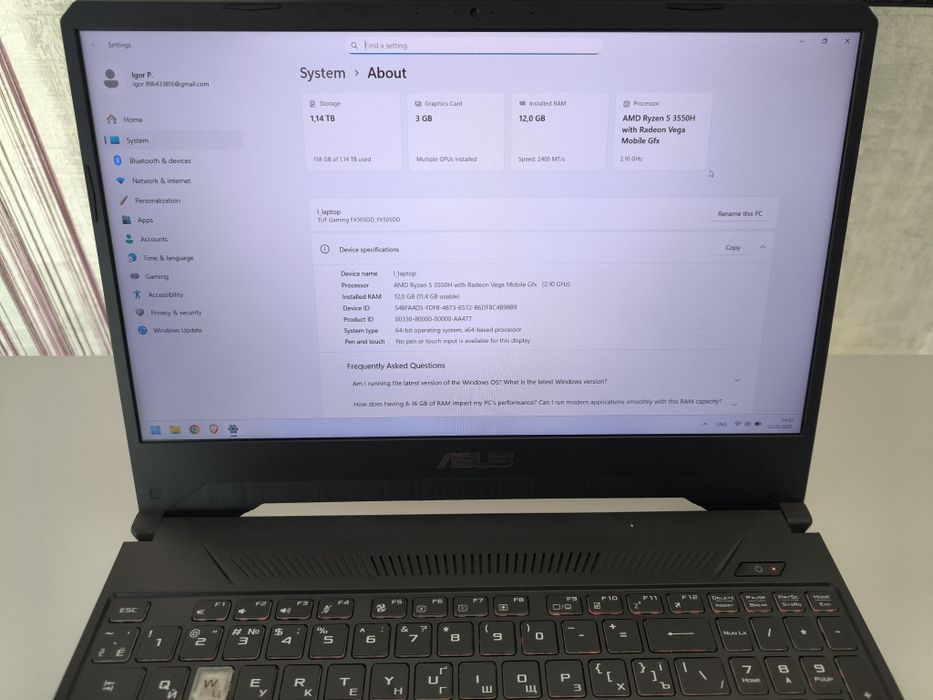 ПРОДАЮ Ноутбук ASUS TUF Gaming FX505DD Stealth Bla