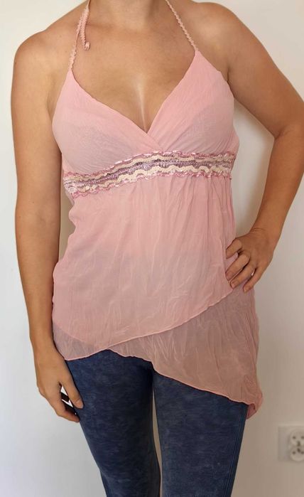 Zwiewna różowa bluzka wiązana na szyję cekiny S M asymetryczna