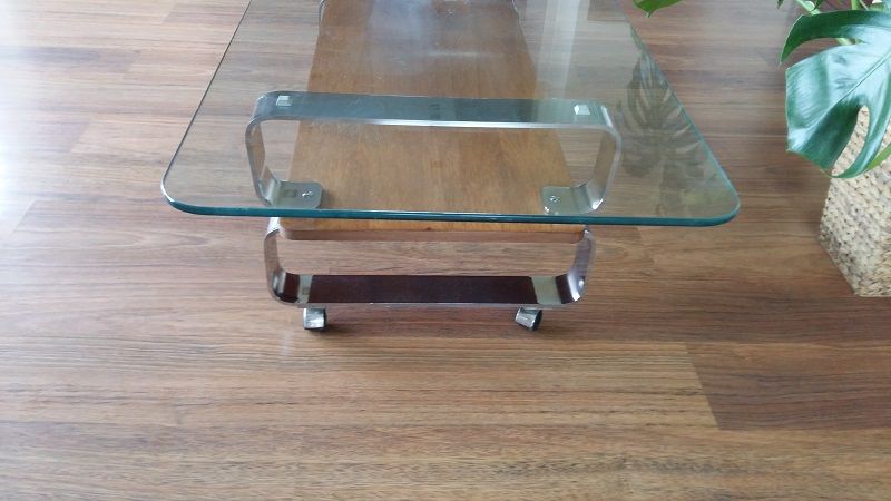 Ława stół chrom metal szkło drewno vintage retro industrial loft