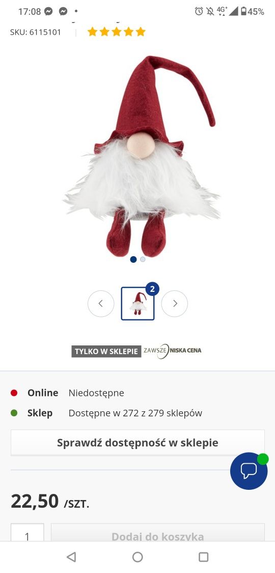 Skrzat świąteczny Jysk nowy, gnom, krasnal 40cm