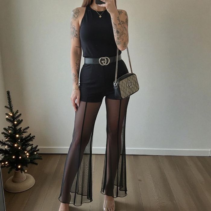 Czarne spodnie damskie dzwony nowe transparentne luźne nogawki