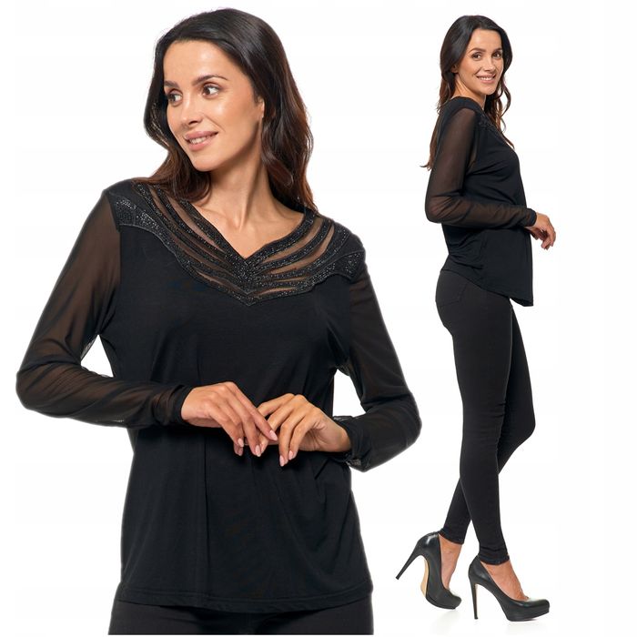 Elegancka Bluzka Damska Delikatna Siateczka Kryształki Czarna Moraj XL