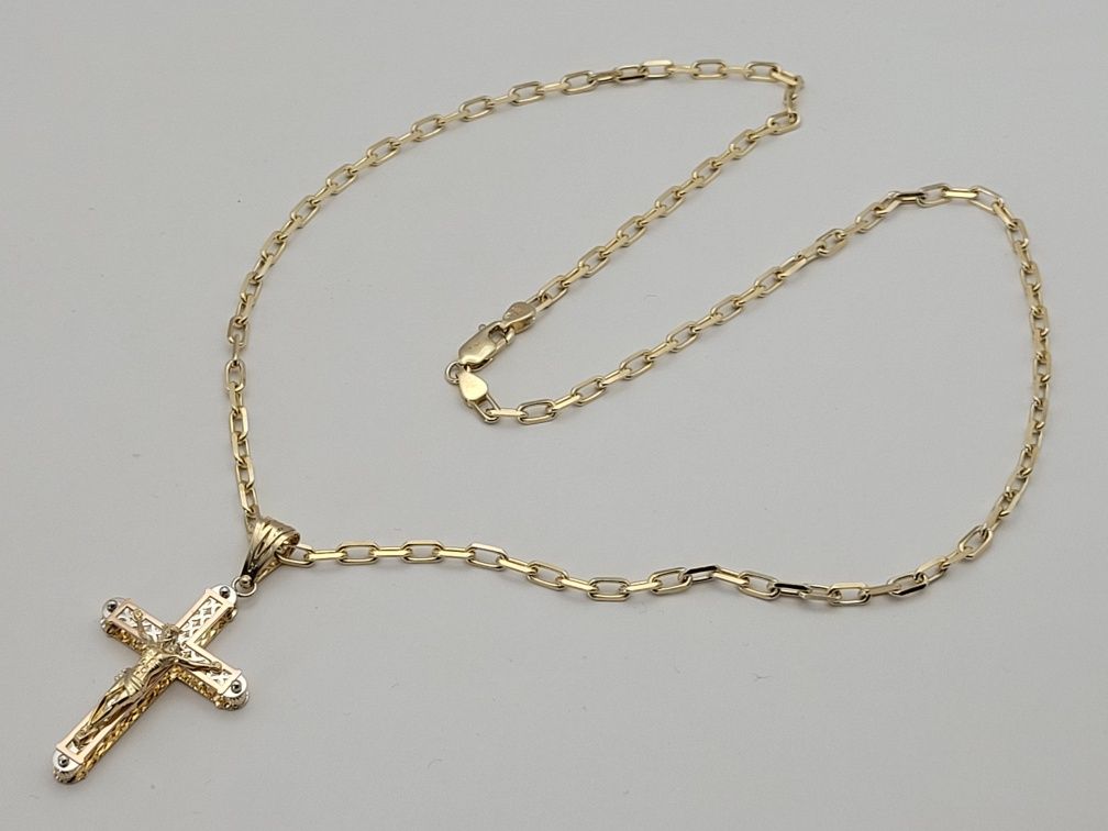 Nowy złoty łańcuszek z krzyżykiem złoto próby 585, ankier 55 cm