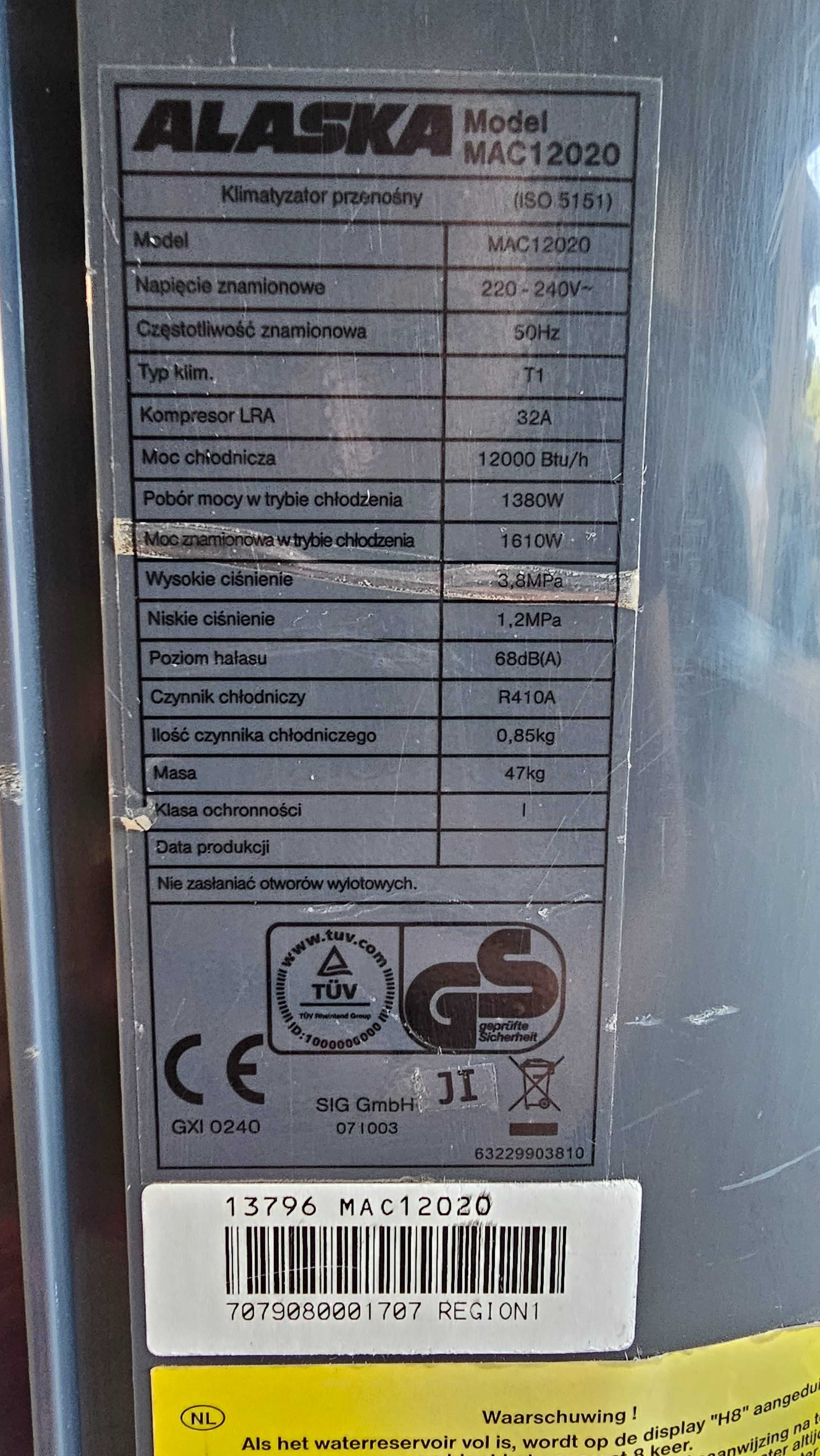 Przenośny klimatyzator Alaska MAC 12020