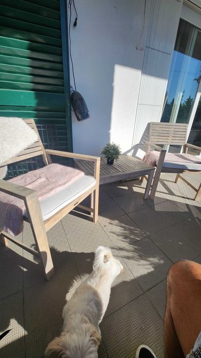 Conjunto de móveis de jardim de madeira, incluindo mesas e cadeiras