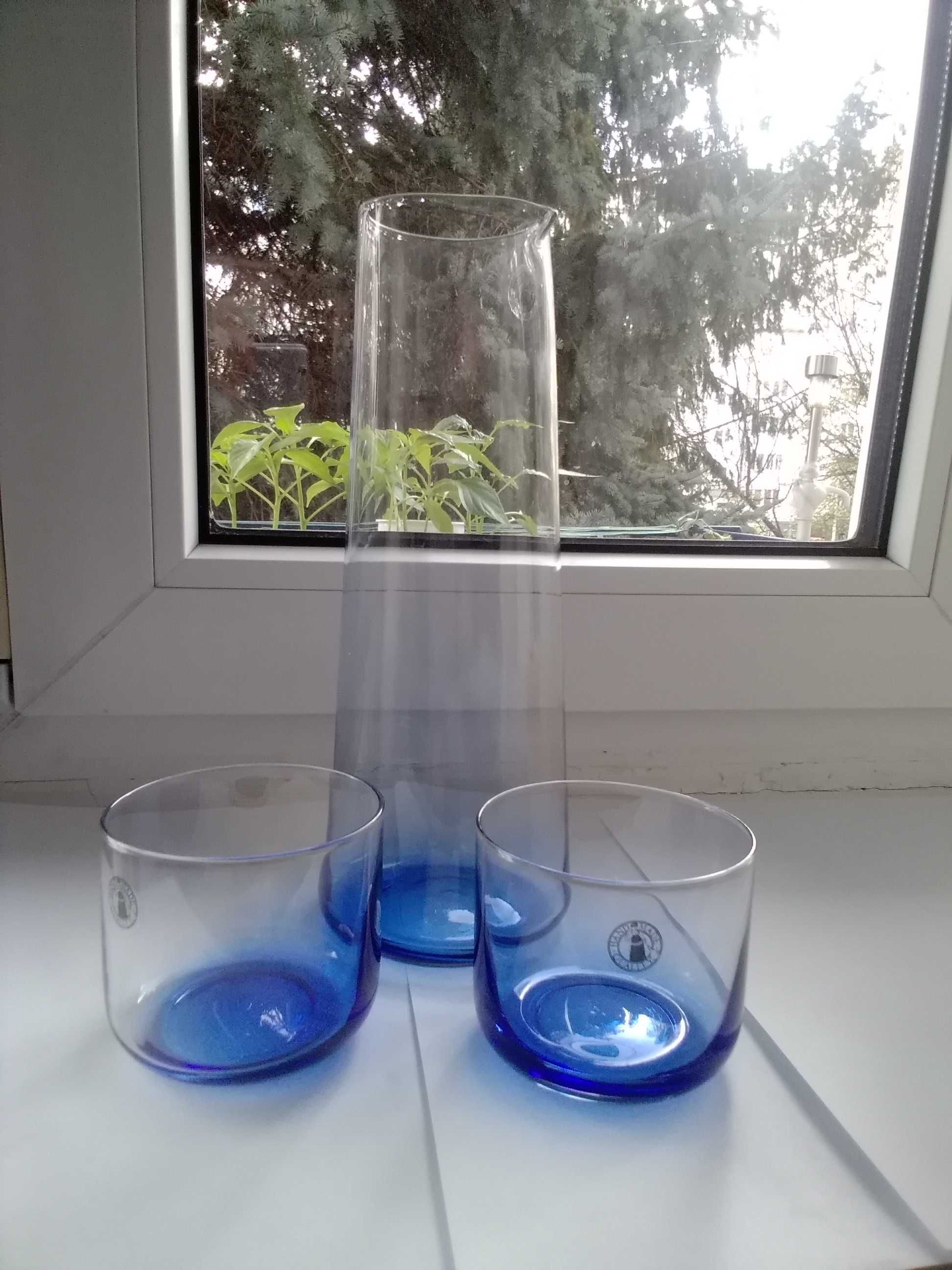 dzbanek szklany  + 2 szklaneczki- niebieskie