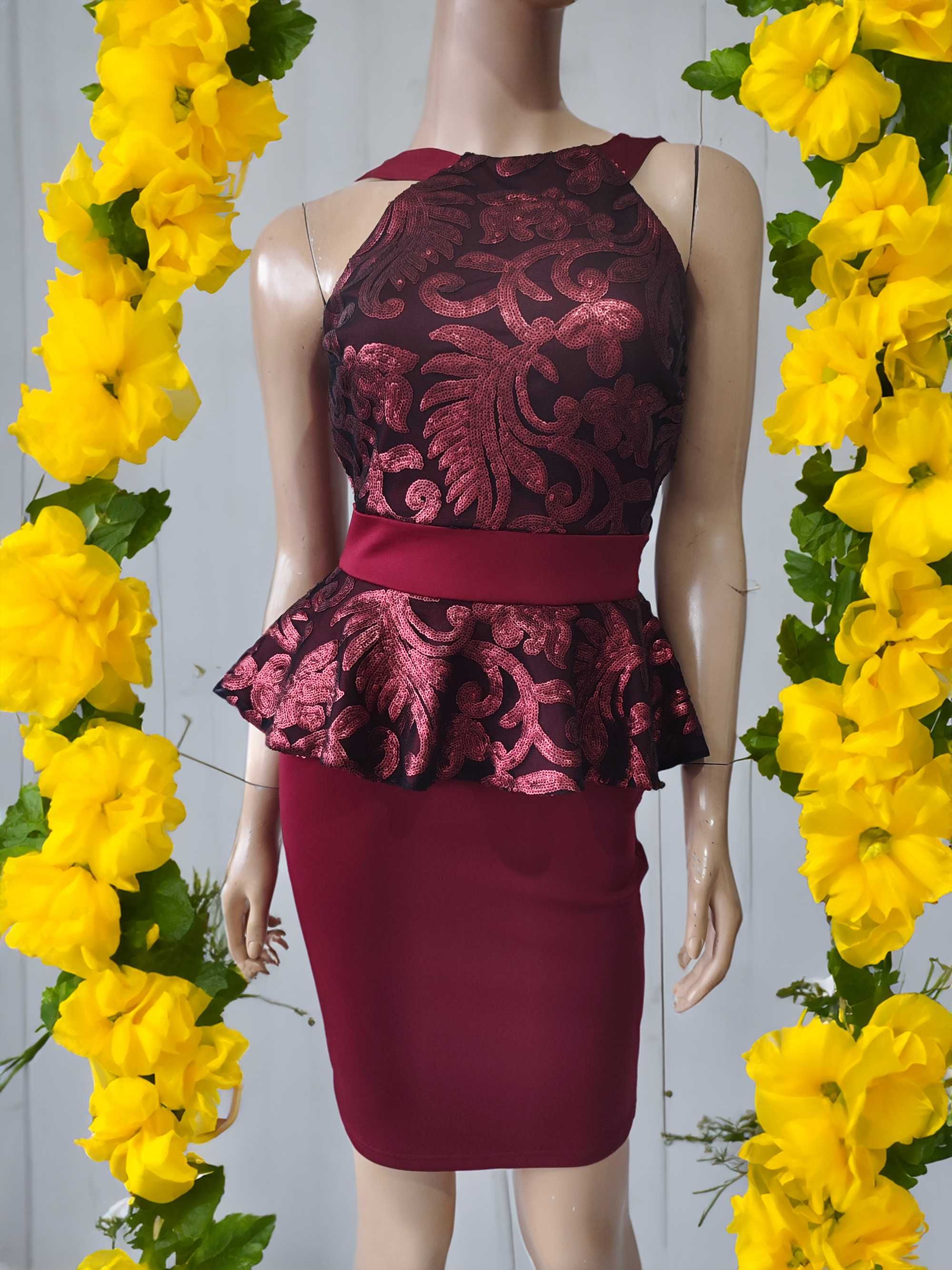 Sukienka burgundowa cekiny baskinka r. 36 Red&Royal