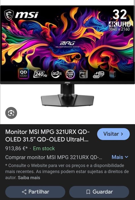 MSI MPG 321URX QD-OLED 31.5" QD-OLED UltraHD 4K 240Hz FreeSync