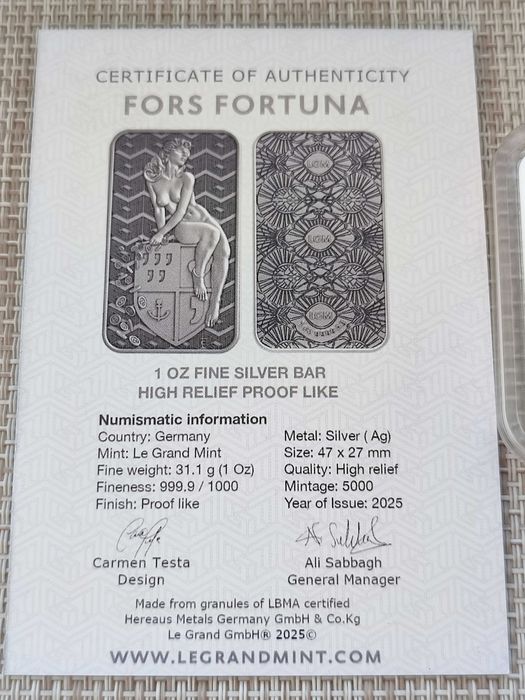 Срібна монета "Fortuna" Фортуна 1 ун. 999.9 ПРУФ Тираж 5000.