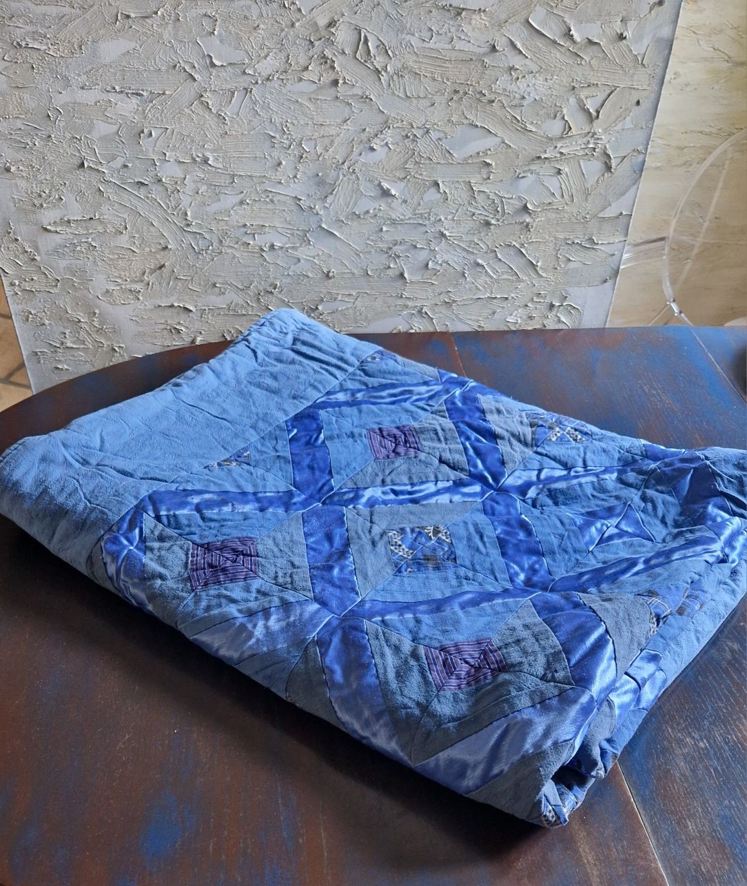 Kołdra patchwork z kawałków tkaniny uszyty ręcznie niebieski 220 x 140