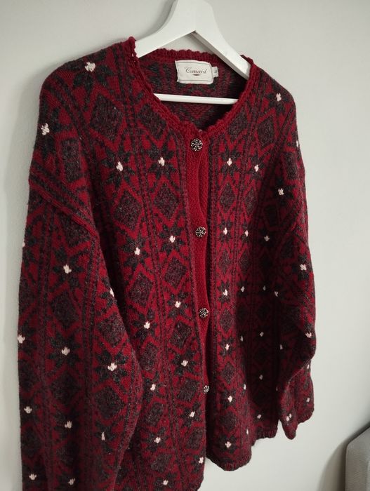 Ciepły sweter kardigan z wełny, bordo oversize  r. L