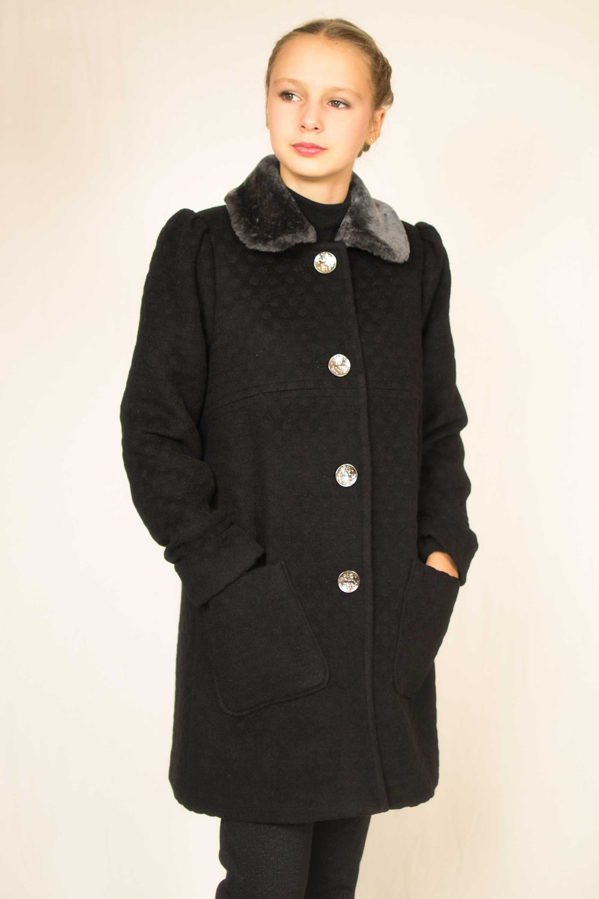 Пальто шерстяное серое (черное) с накладными карманами  128-152рр
