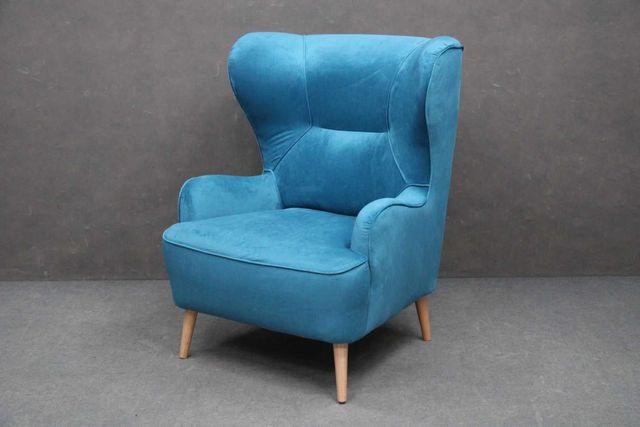 Fotel tapicerowany Uszak Moli błękitny drewniany BGM24.pl B6318 -24%