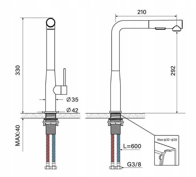 Auralum Wyciągana Bateria Kuchenna Kran Stalowy z 2-Tryby Wylewką 50CM