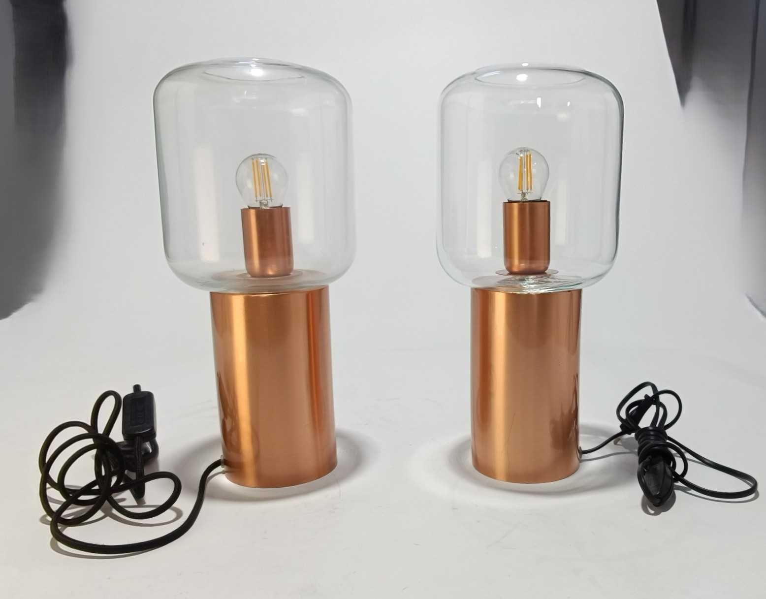 Par de Candeeiro de Mesa Moderno em Vidro Transparente e Base Cobre
