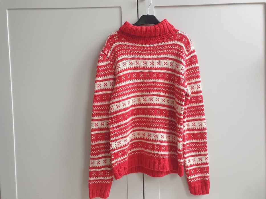 Czerwony sweter wełniany golf handmade wełniany vintage norweski 36 38