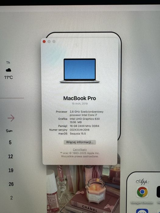 MacBook Pro 15” 2018/ i7/ 16GB/ 512GB SSD. 21 Cykli ładowań