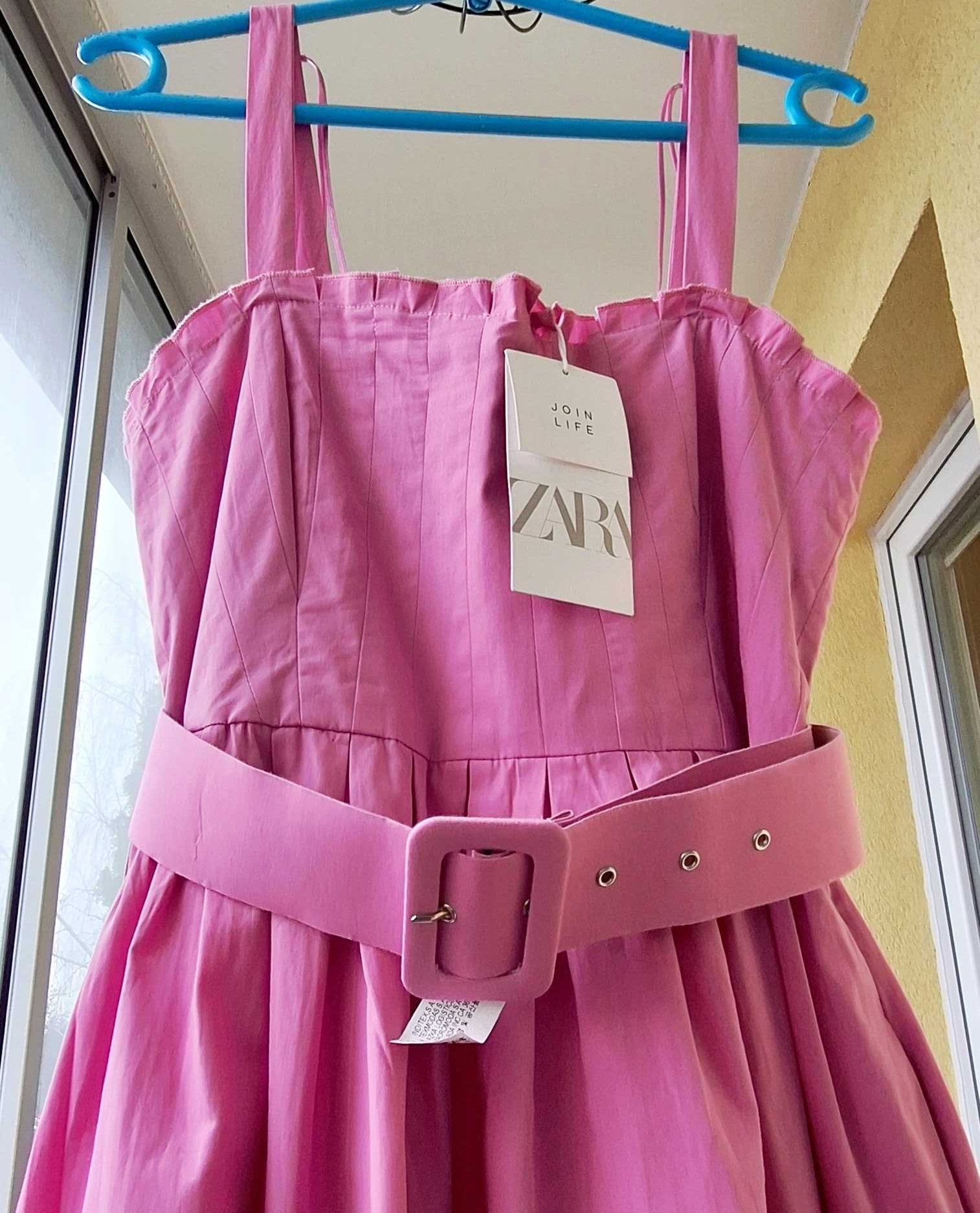 Popelinowa bawełniana różowa sukienka ZARA