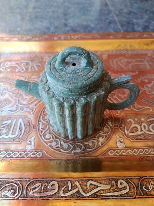 Bule Jade Antigo Pedra Natural forma de bambu 13 cm