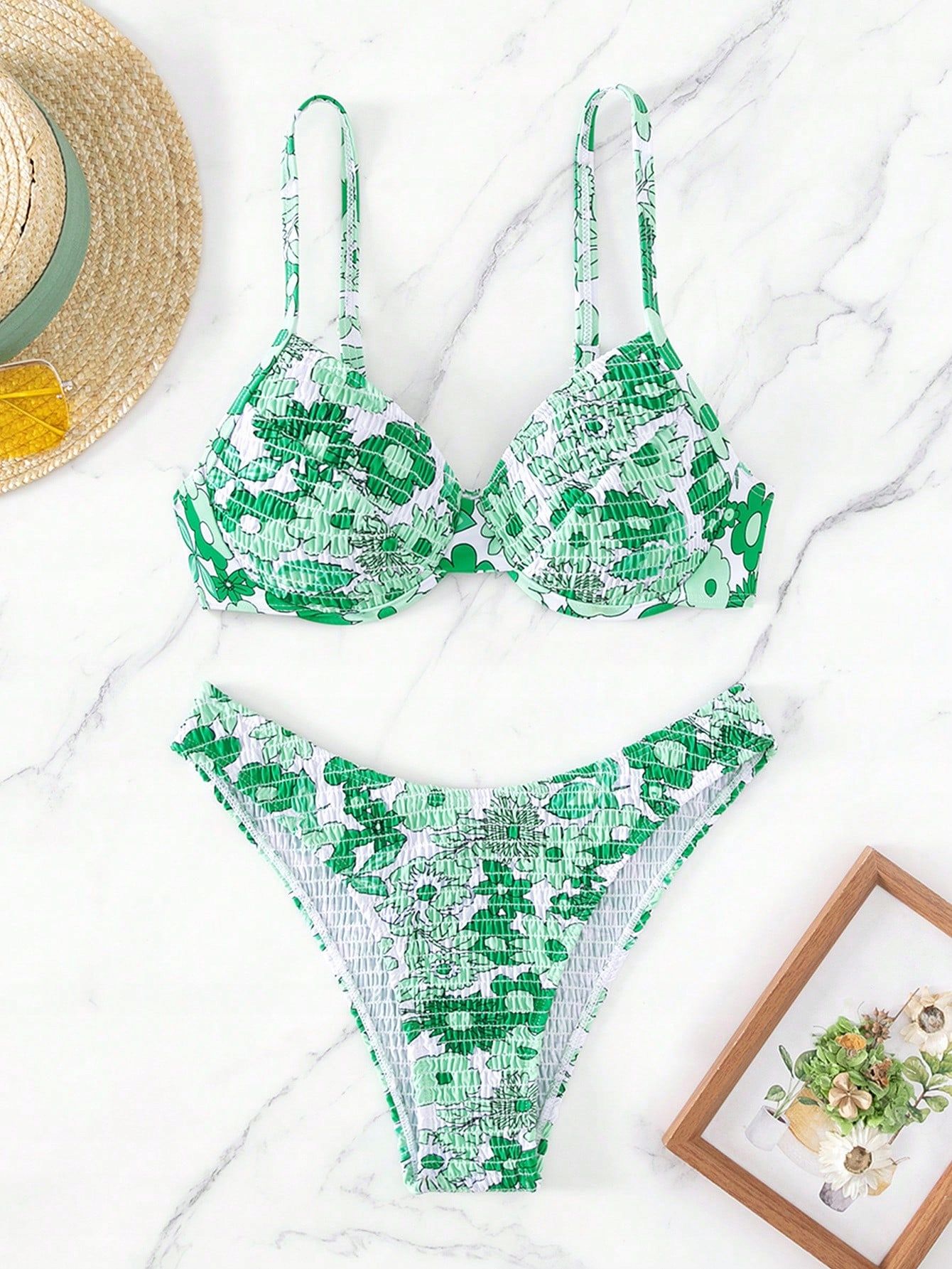 Strój Kąpielowy Bikini W Kwiaty Marszczony Zielony Z Fiszbinami L 40