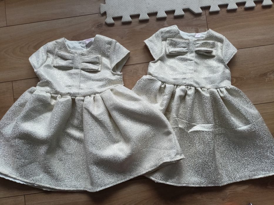 Sukienki wizytowe złote dla bliźniaczek r. 98
