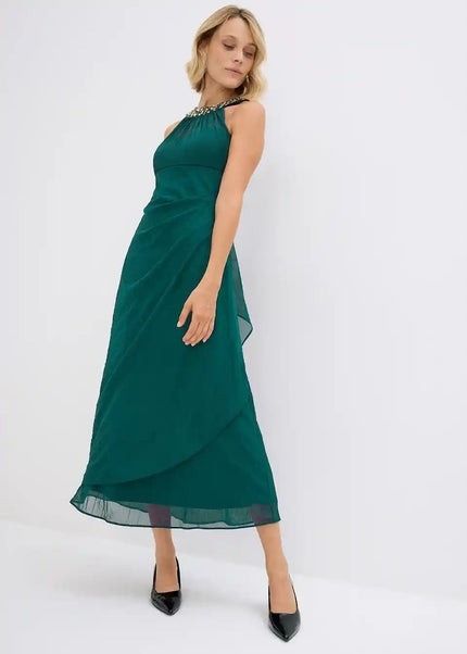 B.P.C sukienka wieczorowa butelkowa zieleń marszczona z kamieniami ^46