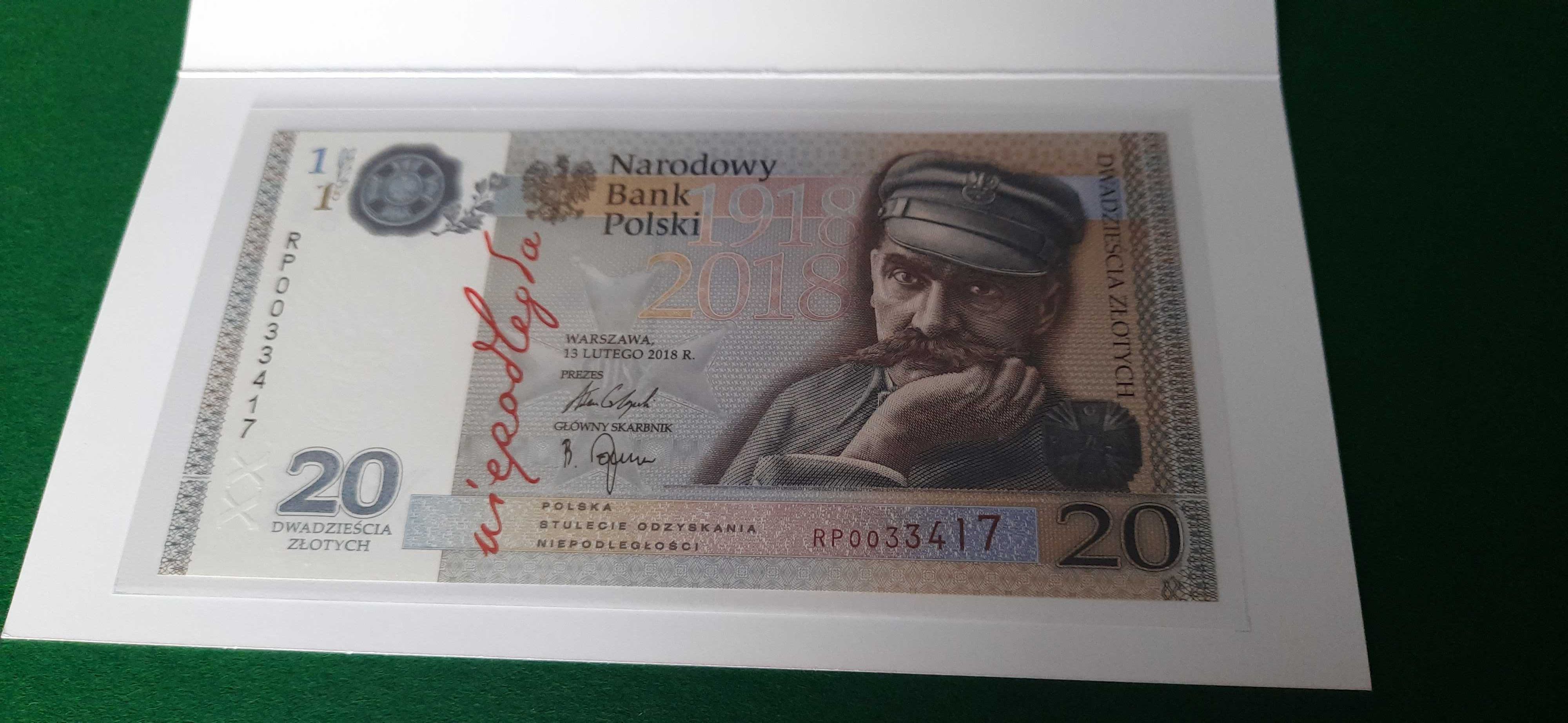 Banknot Piłsudski 20zł 100-lecie Odzyskania Niepodległości UNC